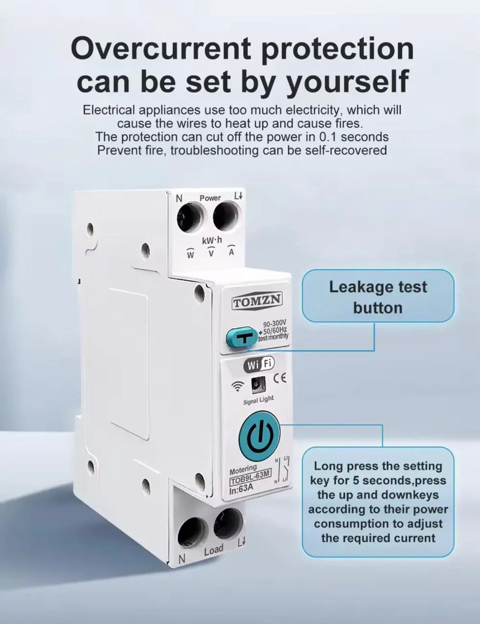 TOMZN Smart WiFi 10-in-1 63A Protector Switch – Overload, Voltage, Leakage Protected | Timer App Control