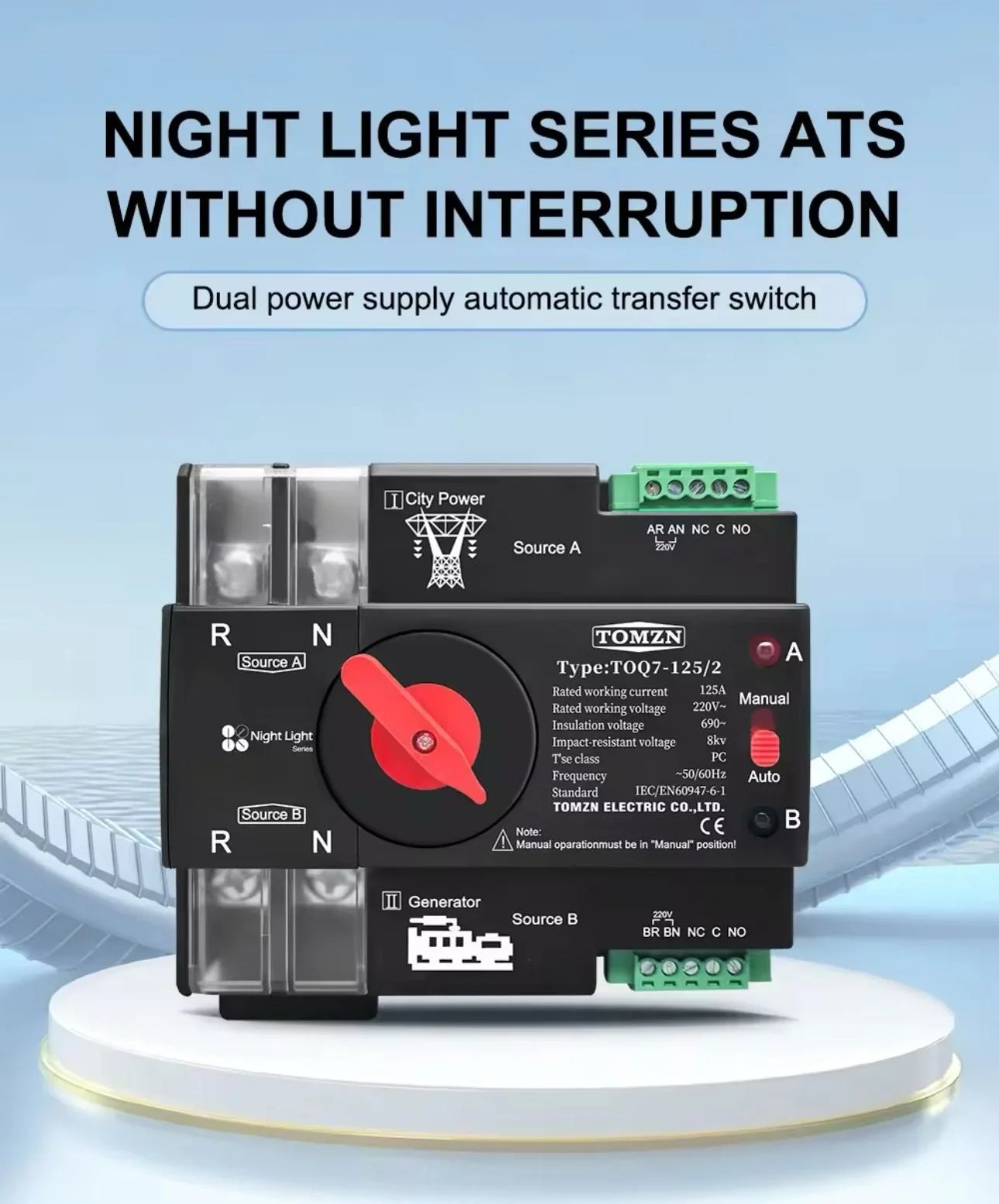 Tomzn TOQ7 AC 2P/4P Din Rail 220V Dual Power Automatic Transfer Switch ATS