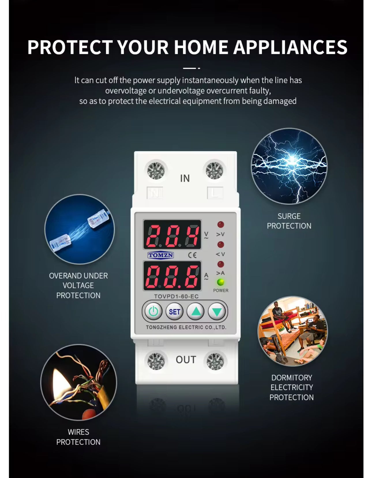 Din Rail Dual Display Adjustable Over Voltage Current and Under Voltage Protective Device Protector