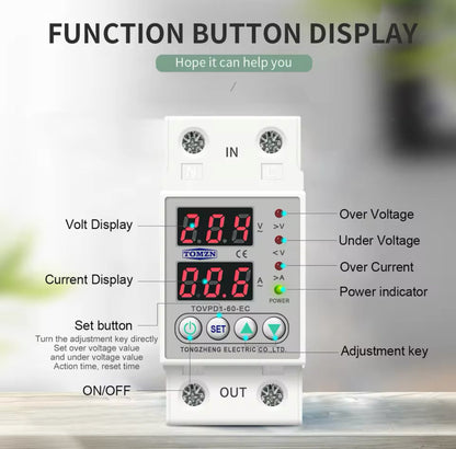 Din Rail Dual Display Adjustable Over Voltage Current and Under Voltage Protective Device Protector