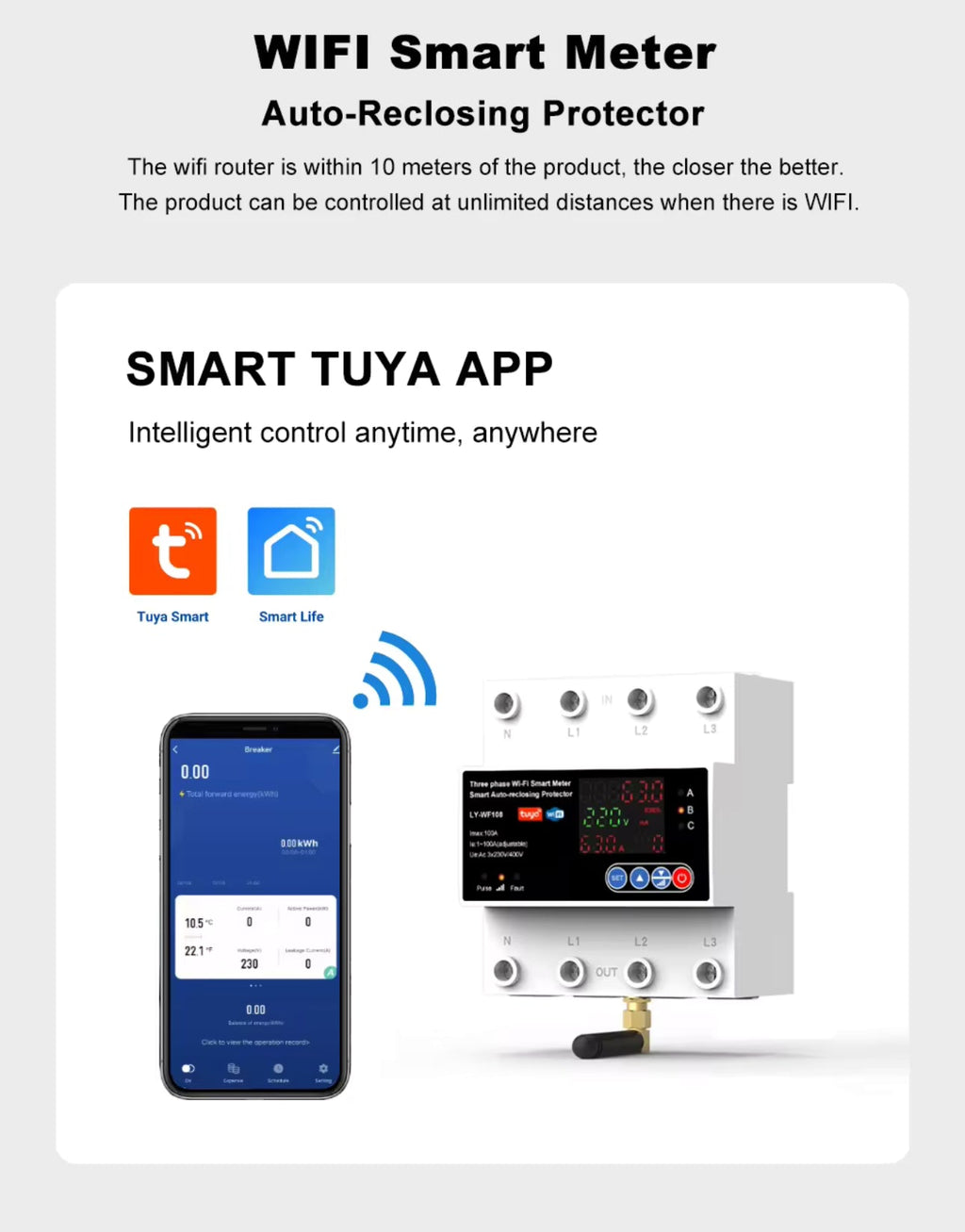 4P 100A Tuya WiFi Three Phase Smart Life Auto-Reclosing Over Under Voltage Protector Smart Meter Timer Switch Circuit Breaker