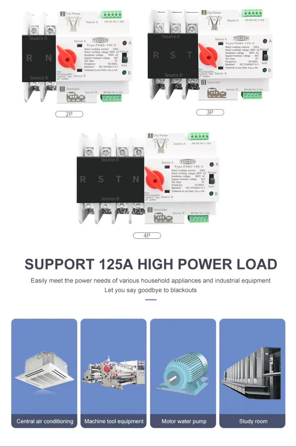 Din Rail 2P 4P ATS Dual Power Automatic Transfer Switch Electrical Selector Switches Uninterrupted Power 125A TOMZN