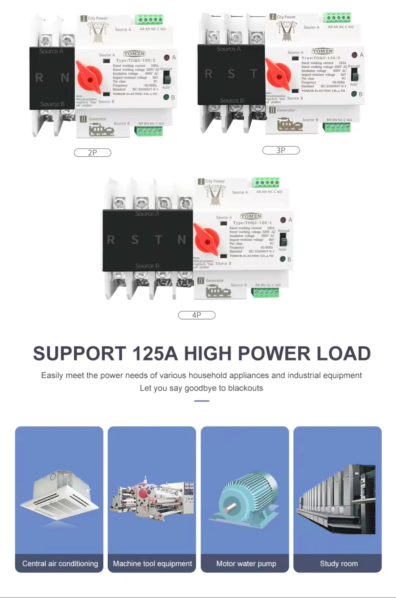 Din Rail 2P 4P ATS Dual Power Automatic Transfer Switch Electrical Selector Switches Uninterrupted Power 125A TOMZN