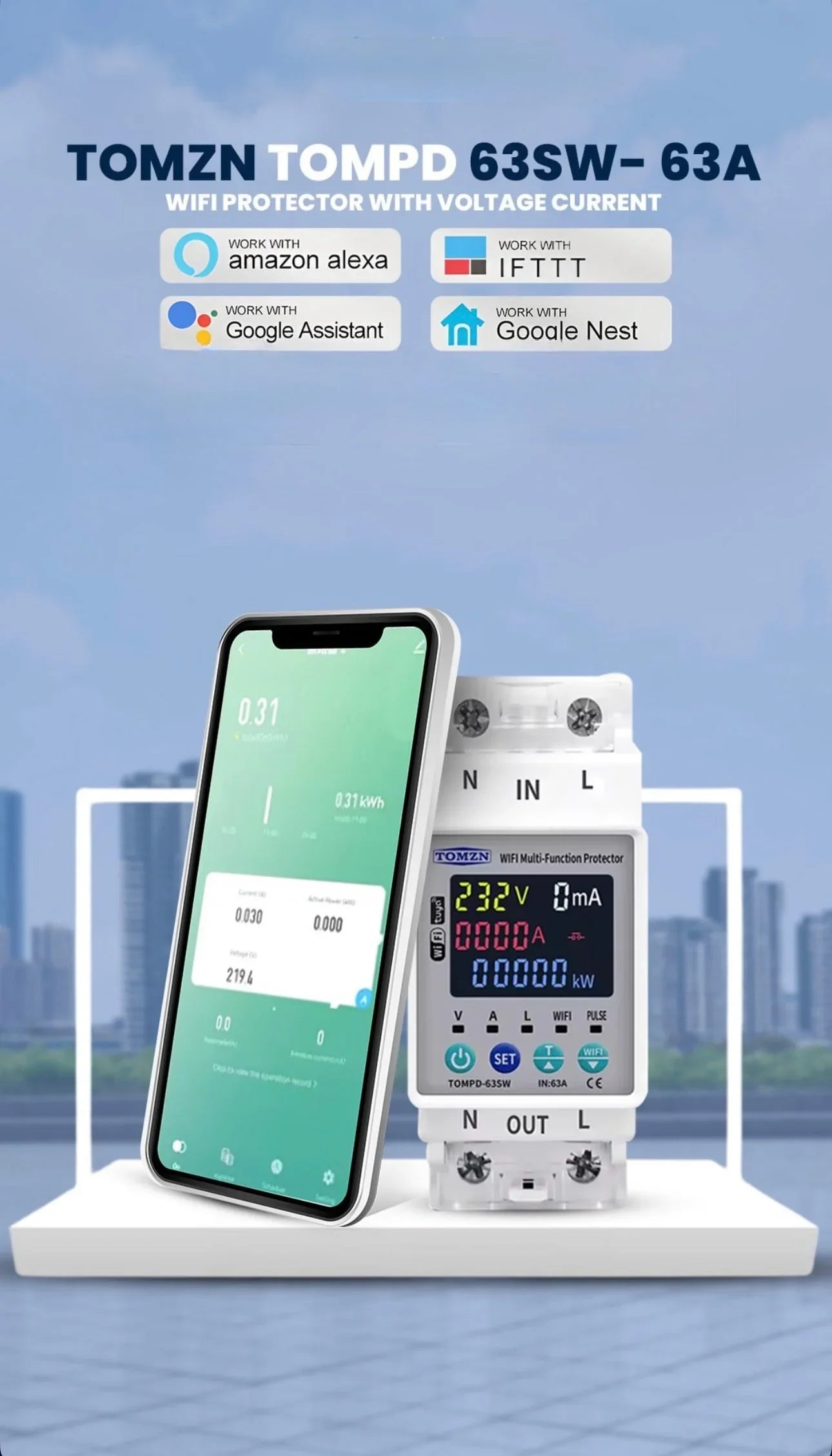 Tomzn TOMPD 63SW- 63A WIFI Protector with voltage current and leakage protection Mini 10in1