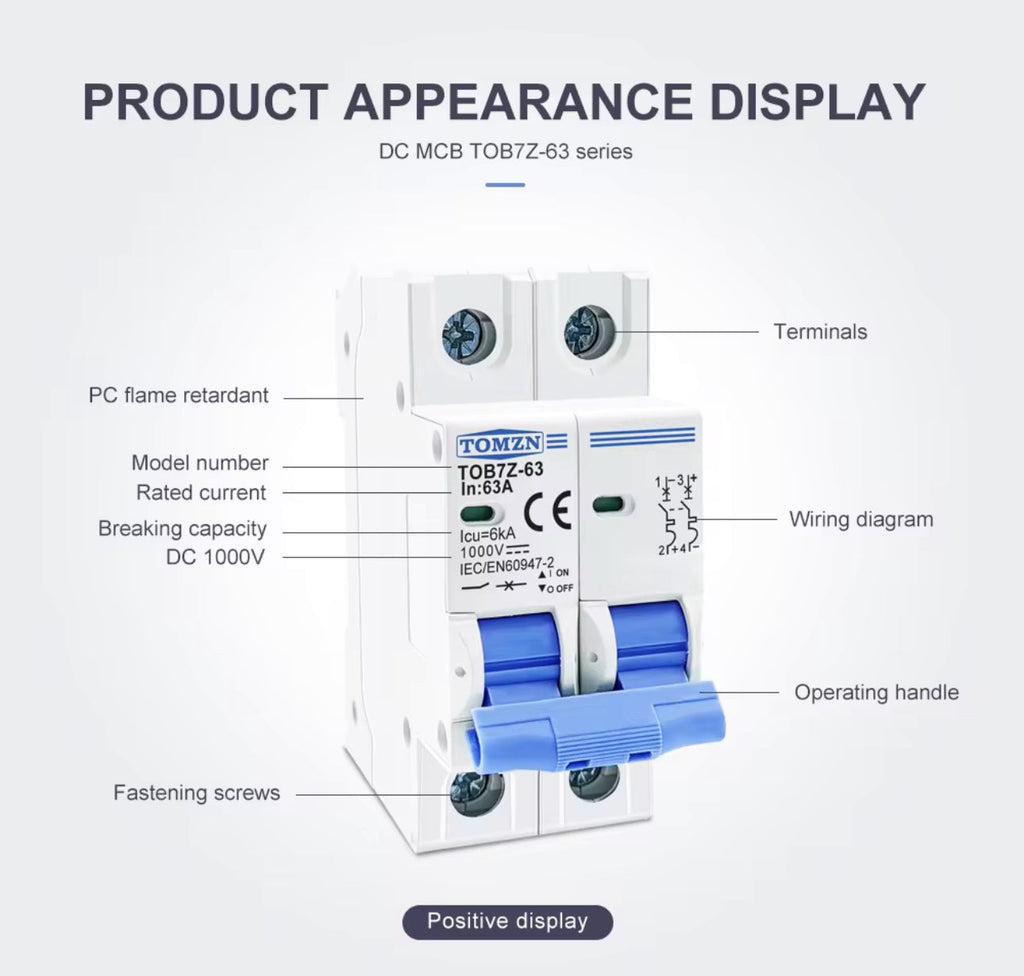 2P DC 1000V Solar Mini Circuit Breaker 32A  63A DC MCB for PV System