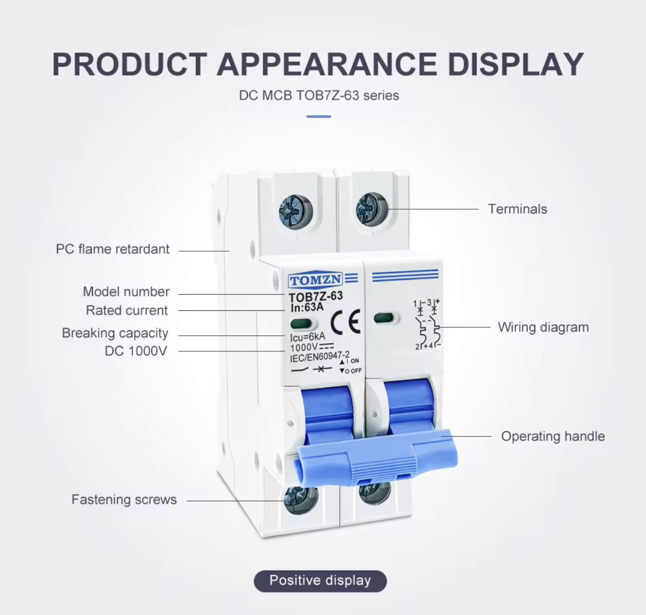 2P DC 1000V Solar Mini Circuit Breaker 32A  63A DC MCB for PV System