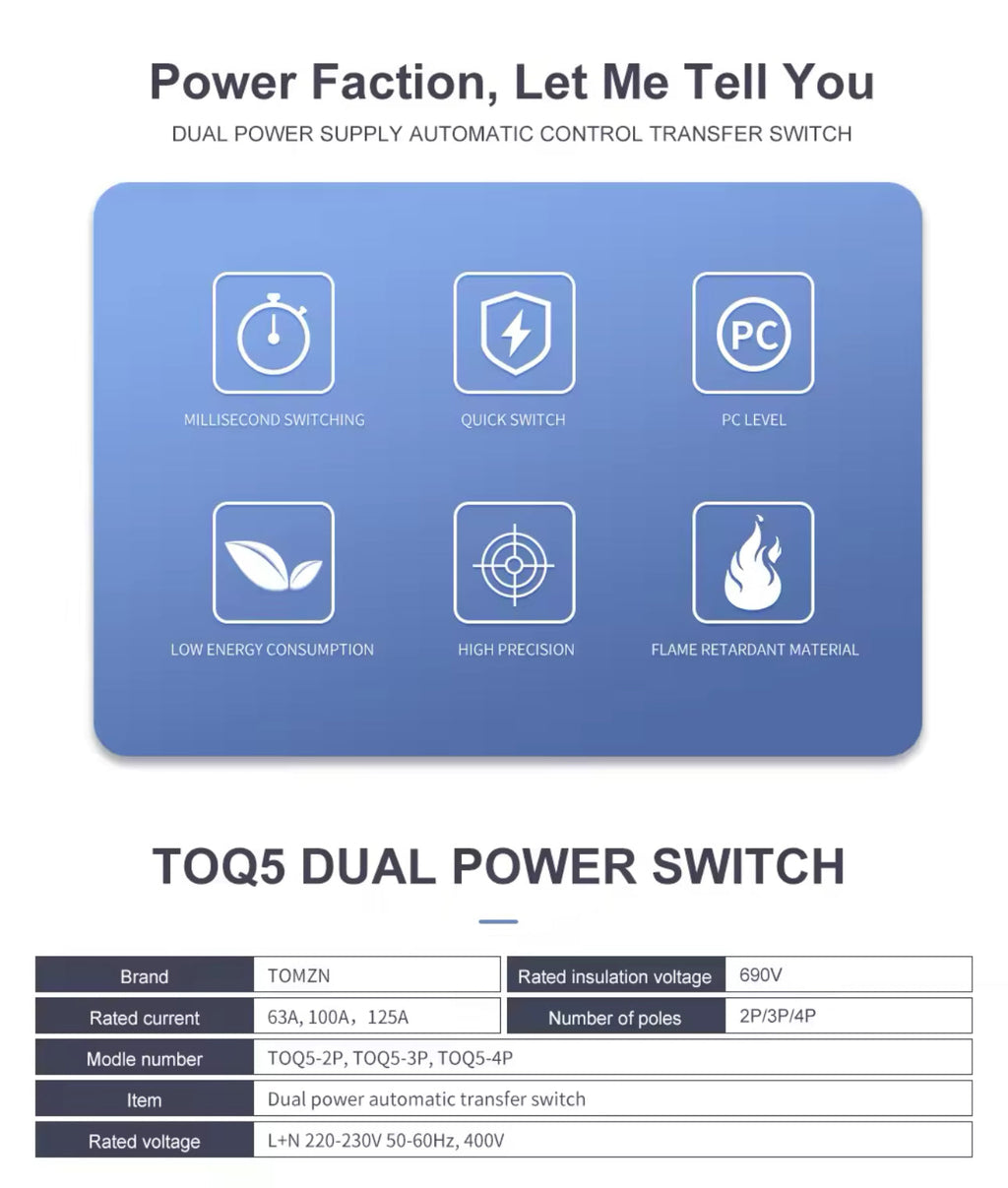 Din Rail 2P 4P ATS Dual Power Automatic Transfer Switch Electrical Selector Switches Uninterrupted Power 125A TOMZN
