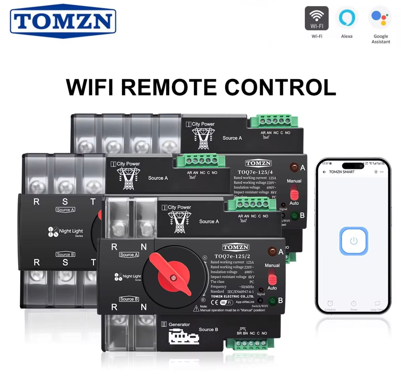 Tomzn TOQ7  AC 2P/4P Din Rail 220V Dual Power Automatic Transfer Switch ATS