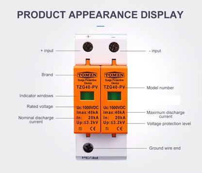 SPD DC 1000V 20KA~40KA House Surge Protector Protective Low-voltage Arrester Device
