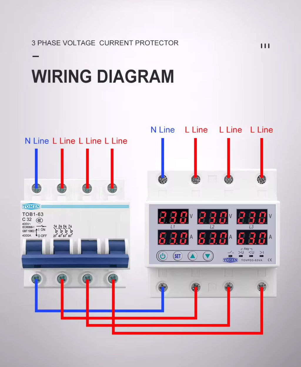 3 Phase 63A 100A Din rail adjustable Over Under Voltage current limit protection Relay Protector SYN ASYNC Synchronous Asynchronous