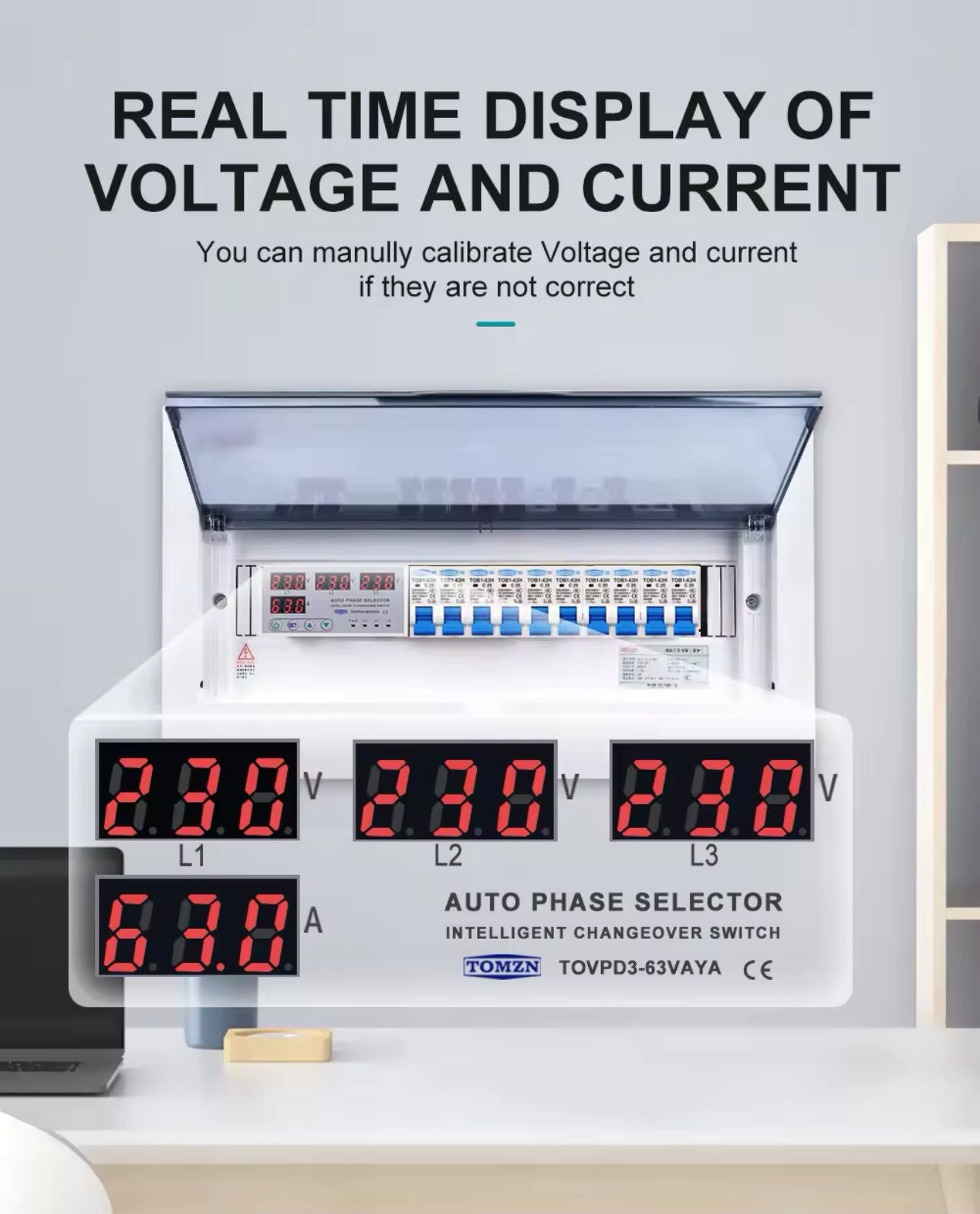 63A 3 phase 3P+N Din rail Auto phase selector adjustable Over and Under Voltage current protection Monitor Relays Protector