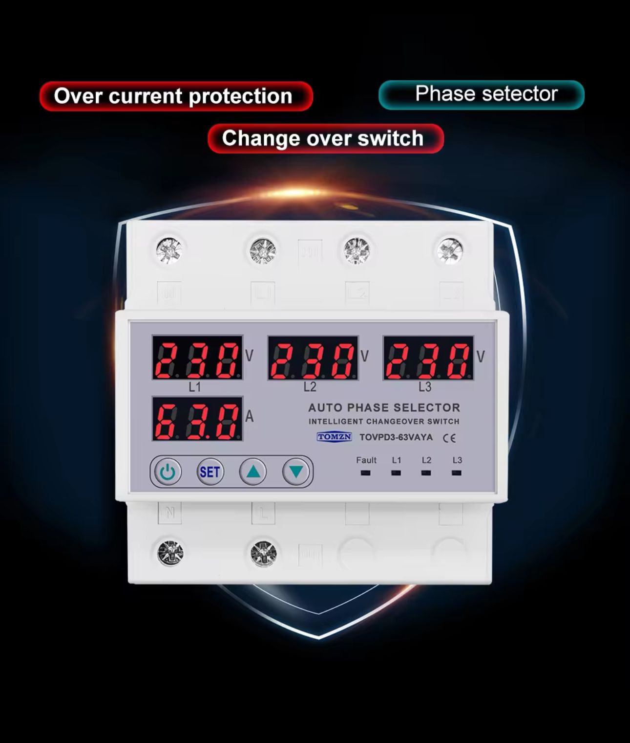 63A 3 phase 3P+N Din rail Auto phase selector adjustable Over and Under Voltage current protection Monitor Relays Protector