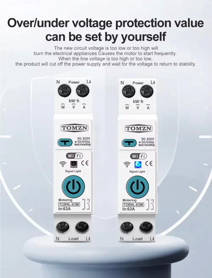 TOMZN Smart WiFi 10-in-1 63A Protector Switch – Overload, Voltage, Leakage Protected | Timer App Control