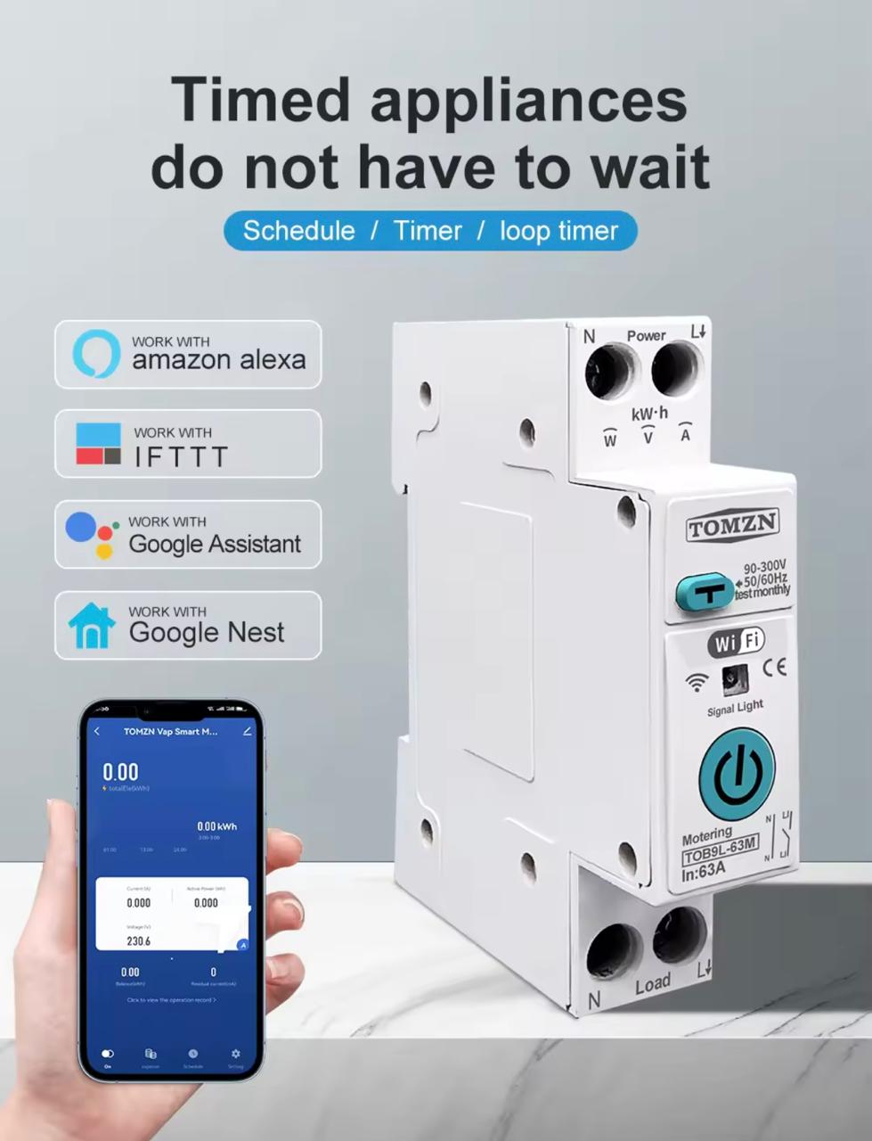 TOMZN Smart WiFi 10-in-1 63A Protector Switch – Overload, Voltage, Leakage Protected | Timer App Control