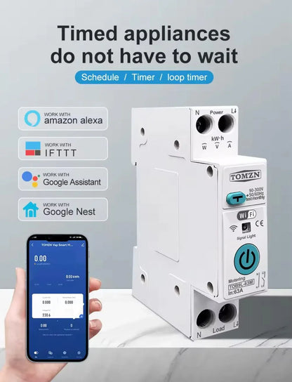 TOMZN Smart WiFi 10-in-1 63A Protector Switch – Overload, Voltage, Leakage Protected | Timer App Control