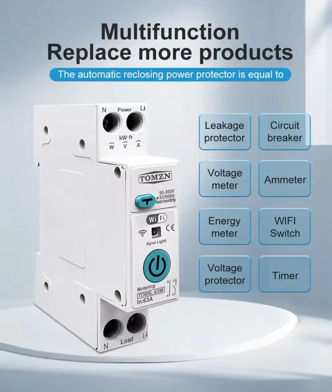 TOMZN Smart WiFi 10-in-1 63A Protector Switch – Overload, Voltage, Leakage Protected | Timer App Control