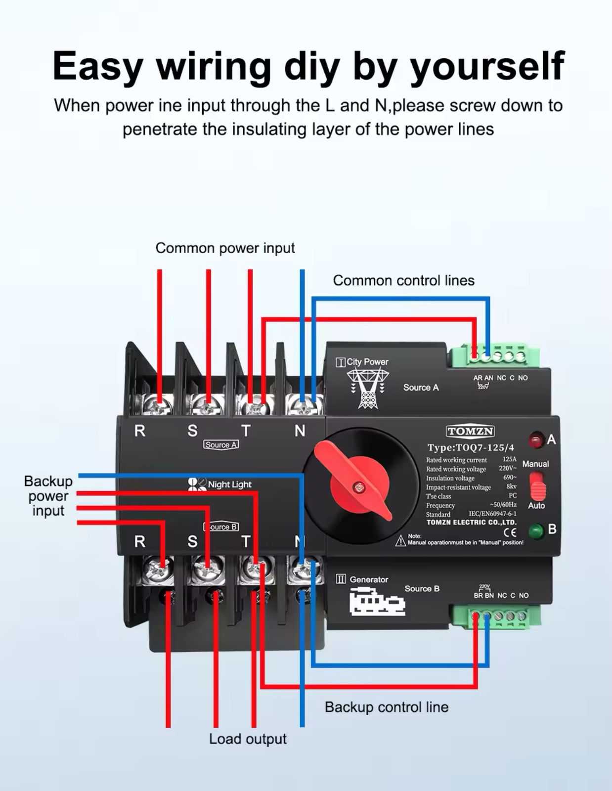 Tomzn TOQ7  AC 2P/4P Din Rail 220V Dual Power Automatic Transfer Switch ATS