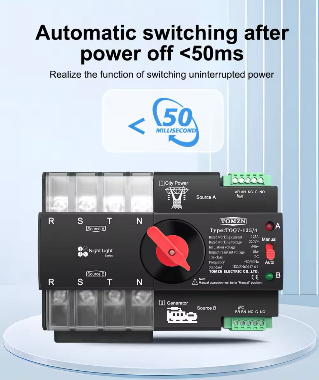 Tomzn TOQ7  AC 2P/4P Din Rail 220V Dual Power Automatic Transfer Switch ATS