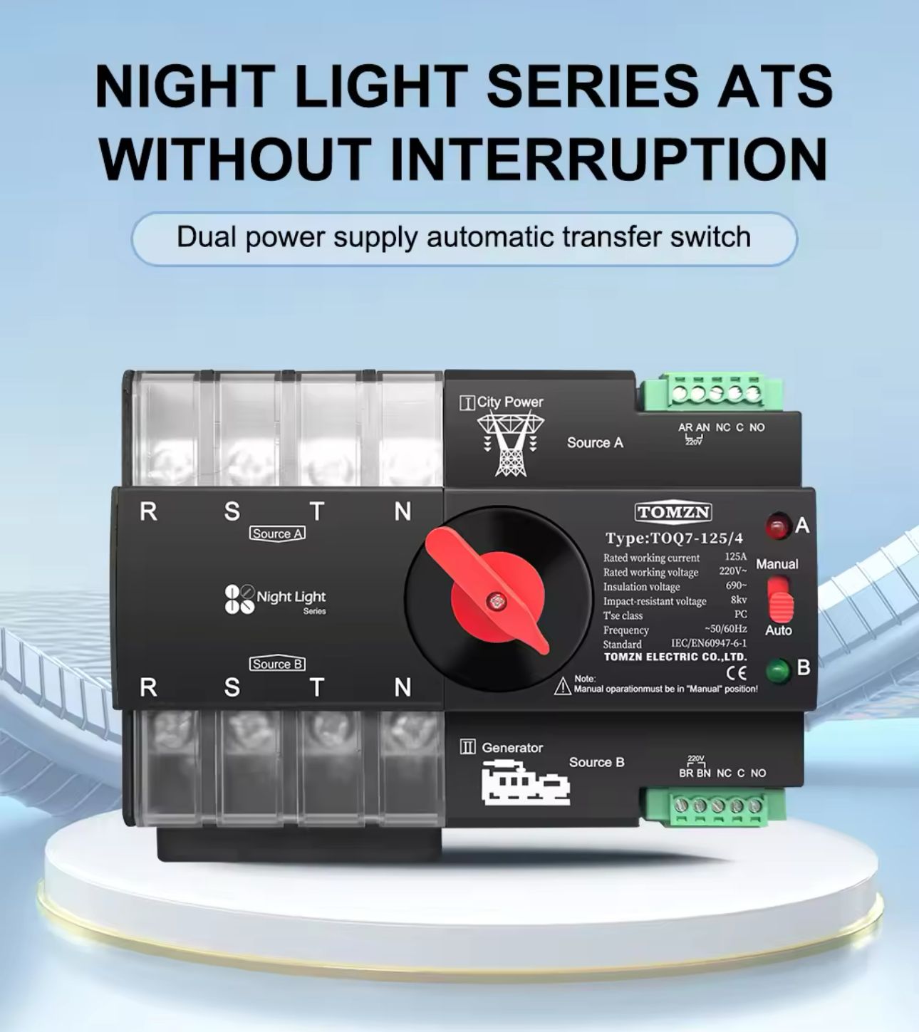 Tomzn TOQ7  AC 2P/4P Din Rail 220V Dual Power Automatic Transfer Switch ATS
