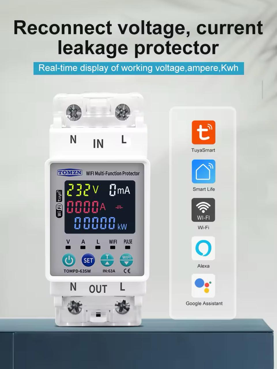 Tomzn TOMPD 63SW- 63A WIFI Protector with voltage current and leakage protection Mini 10in1