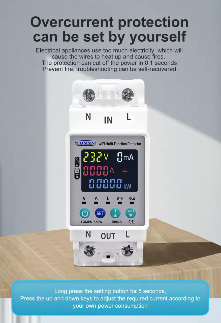 Tomzn TOMPD 63SW- 63A WIFI Protector with voltage current and leakage protection Mini 10in1