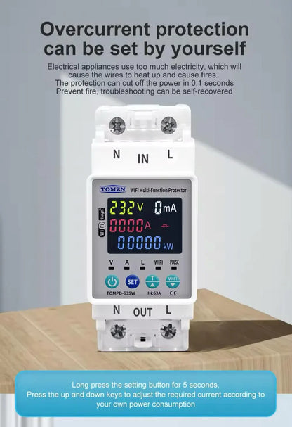 Tomzn TOMPD 63SW- 63A WIFI Protector with voltage current and leakage protection Mini 10in1