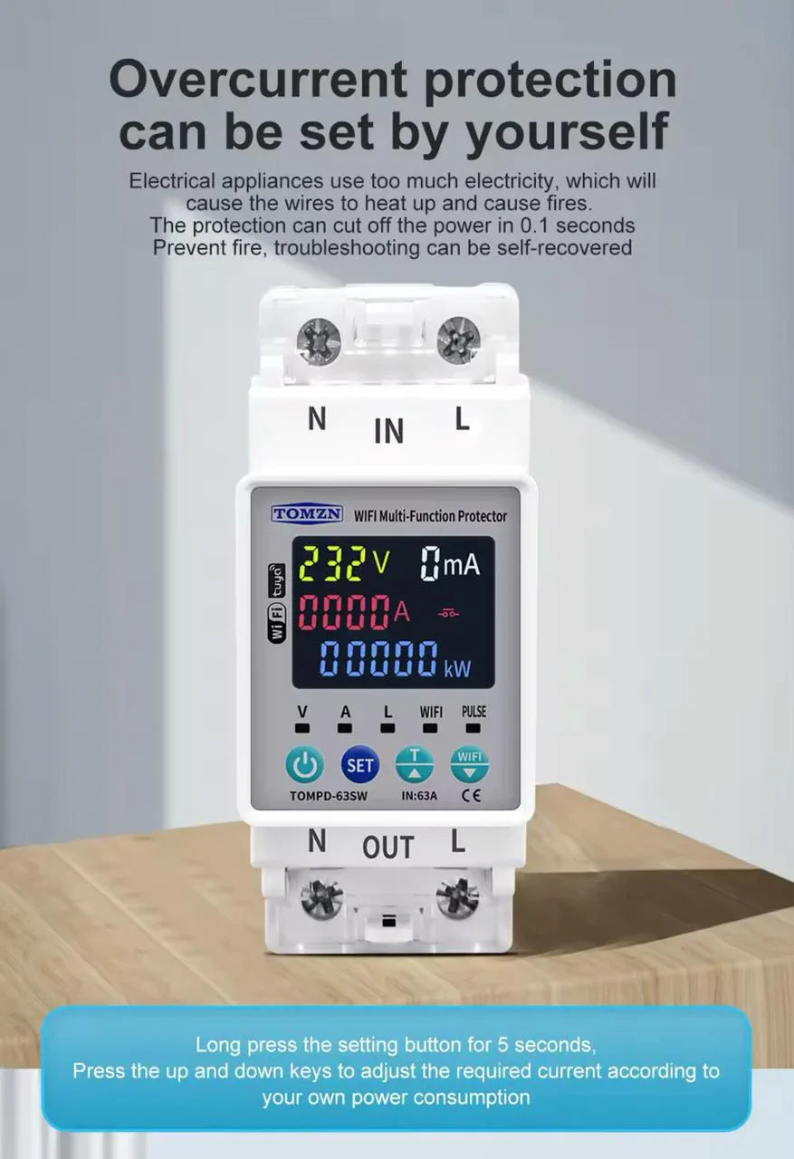 Tomzn TOMPD 63SW- 63A WIFI Protector with voltage current and leakage protection Mini 10in1