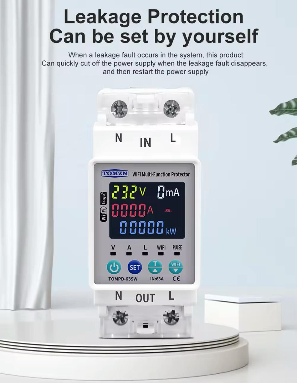 Tomzn TOMPD 63SW- 63A WIFI Protector with voltage current and leakage protection Mini 10in1