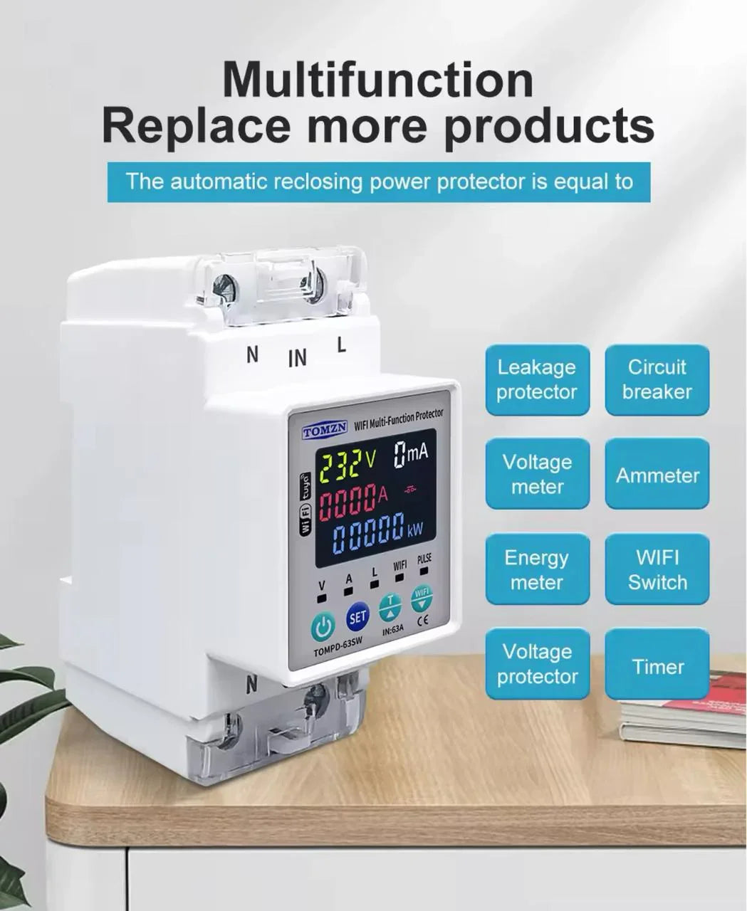 Tomzn TOMPD 63SW- 63A WIFI Protector with voltage current and leakage protection Mini 10in1